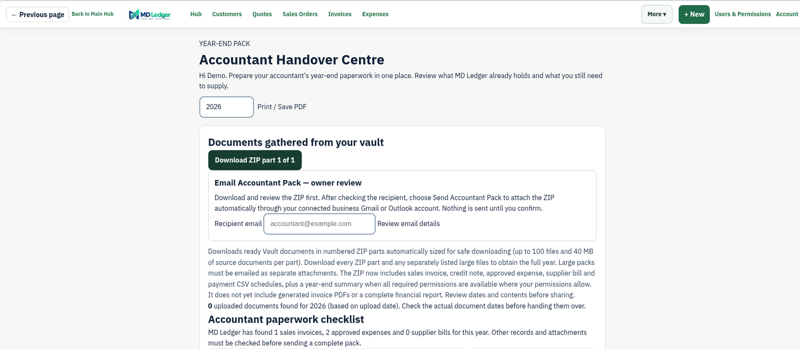 The Accountant Handover Centre in MD Ledger, showing a year-end document pack and a paperwork checklist